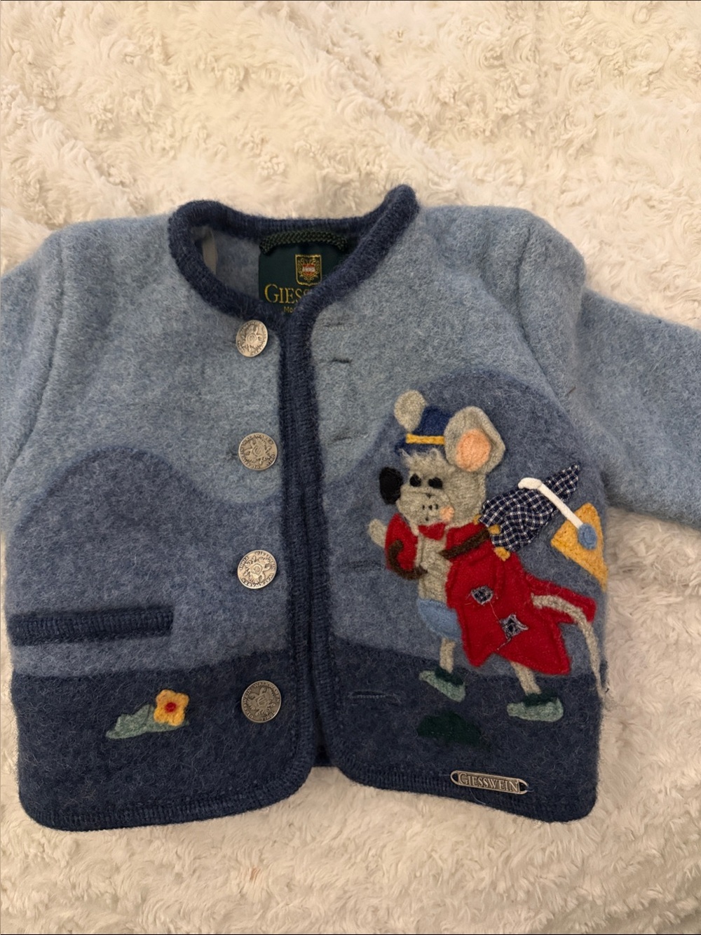 Giesswein Blue Wool Kids Jacket with Mouse Patch